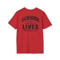 Red Fatherhood graphic T-shirt product mockup on white background with black Building the Lives We Wish We Had back print for meaningful dad gifts.