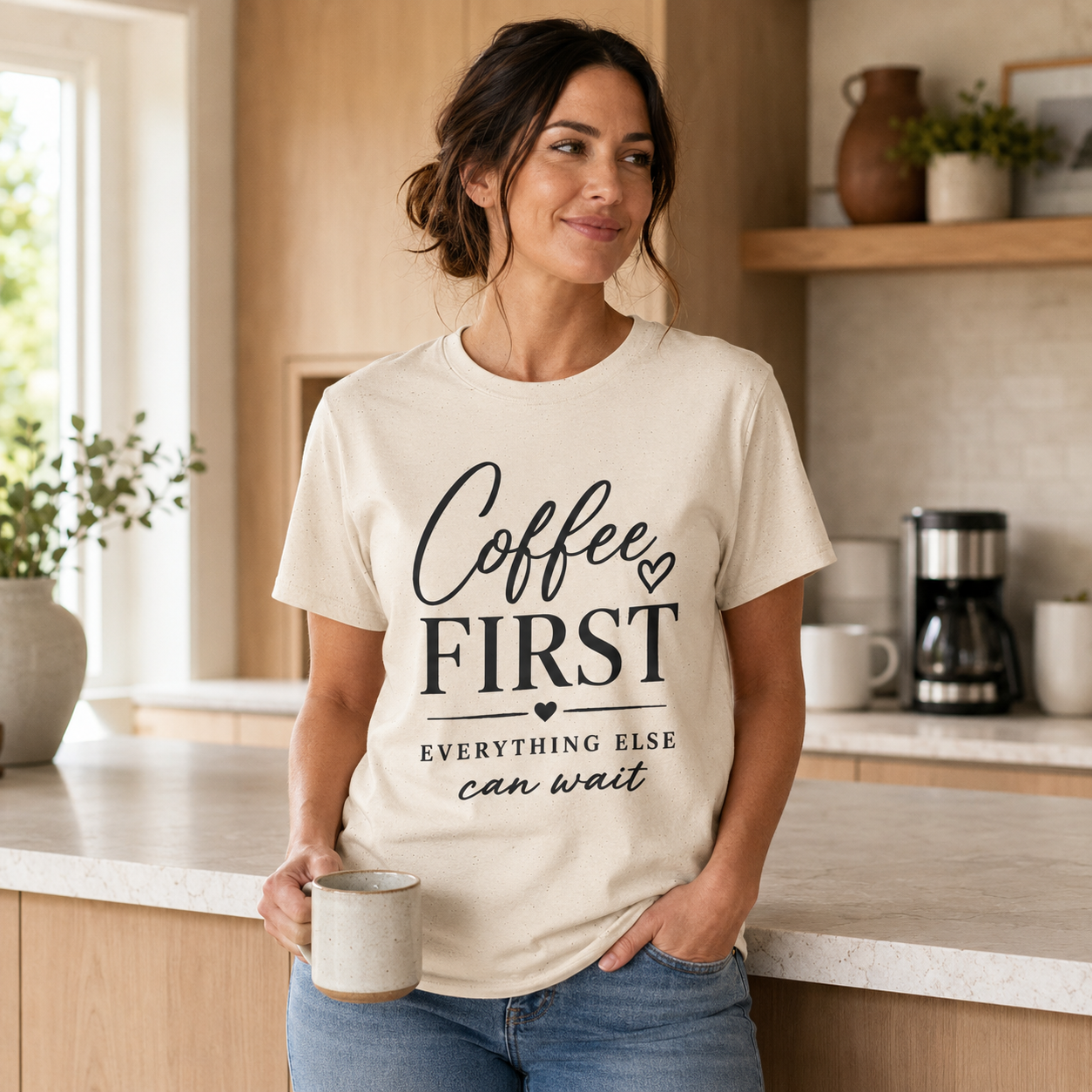 Brunette woman stands in a warm modern kitchen holding a ceramic mug while modeling a natural ivory speckled T-shirt with black front lettering that reads “Coffee First Everything Else Can Wait.” Styled with blue jeans, this women’s coffee shirt suits an everyday mom outfit, funny morning graphic tee, coffee lover gift for her, caffeine saying top, and casual crewneck.