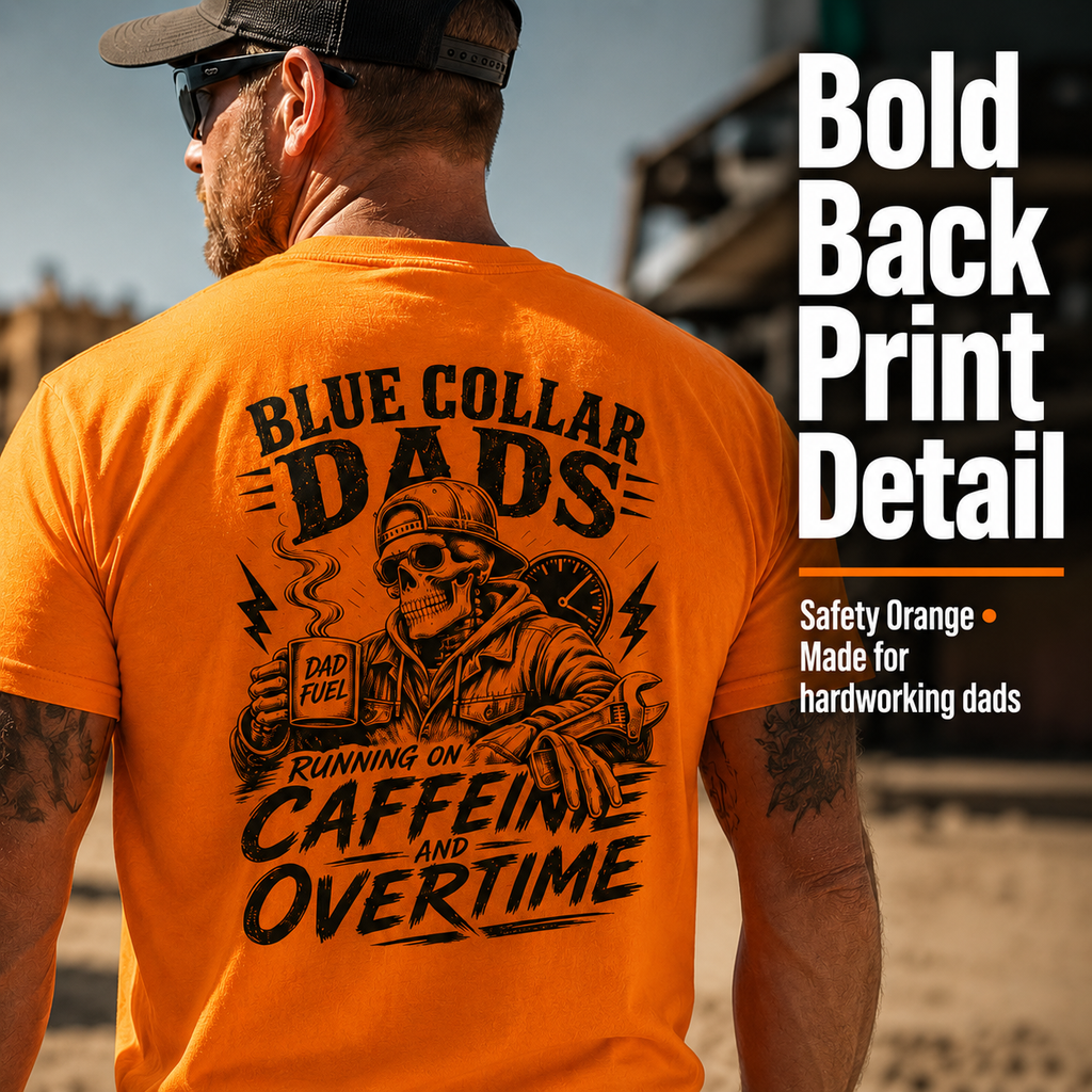 Man wearing an orange t-shirt with a graphic design and text, standing outdoors.