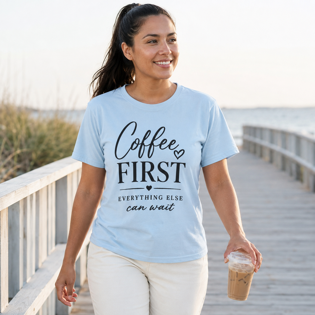 Latina woman walks along a coastal boardwalk carrying iced coffee and wearing a pastel light blue crewneck printed with “Coffee First Everything Else Can Wait” in black lettering. The relaxed summer look showcases a cute coffee graphic shirt, beach casual outfit, iced latte lover gift, women’s short sleeve quote tee, weekend travel top, and cheerful caffeine apparel.