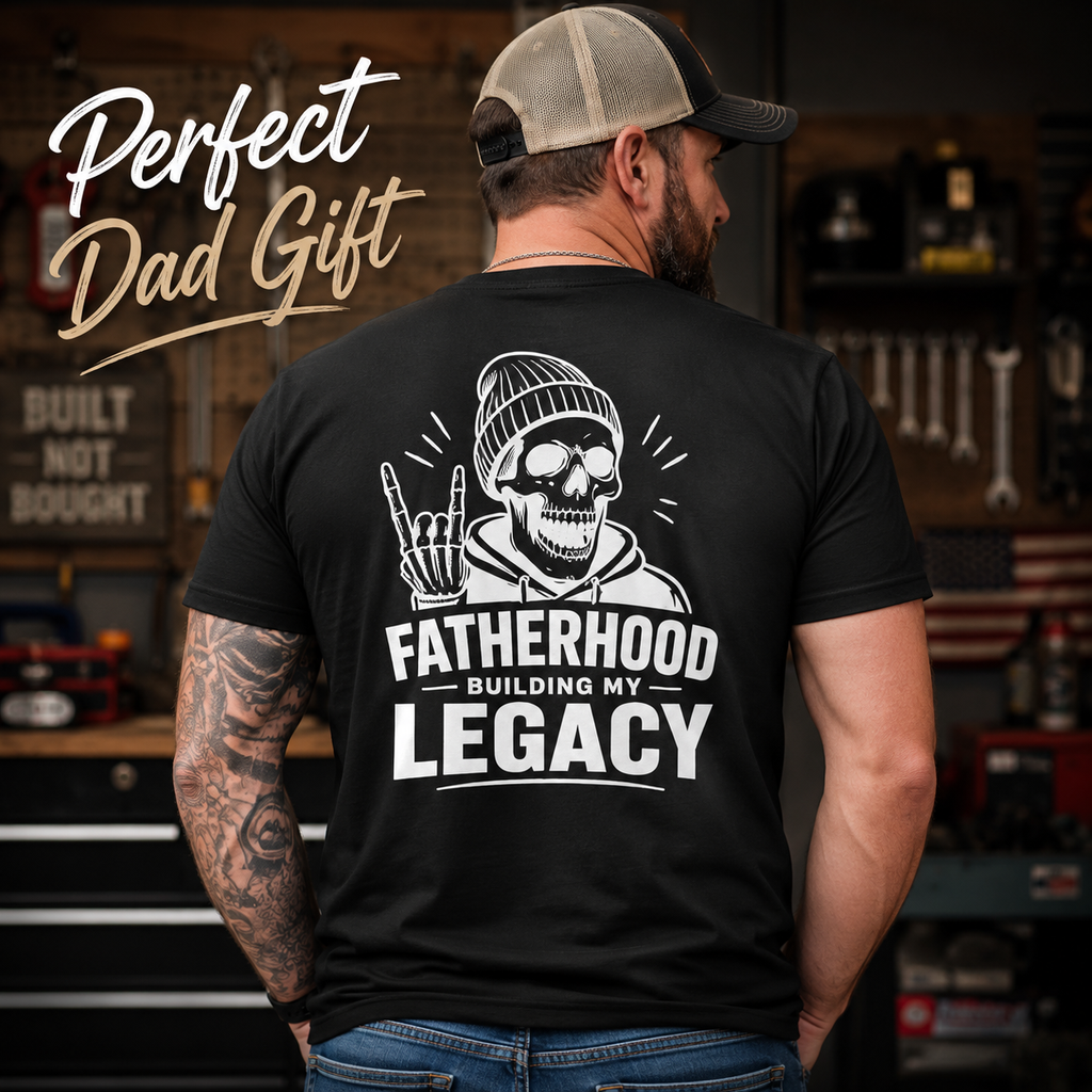 Black Fatherhood Building My Legacy T-shirt with white skull back print, shown on a tattoo dad in a garage with Perfect Dad Gift overlay. Great black dad shirt, Father’s Day tee, hardworking dad clothing, blue collar father gift, biker dad apparel, skull graphic tee, and proud dad life outfit.