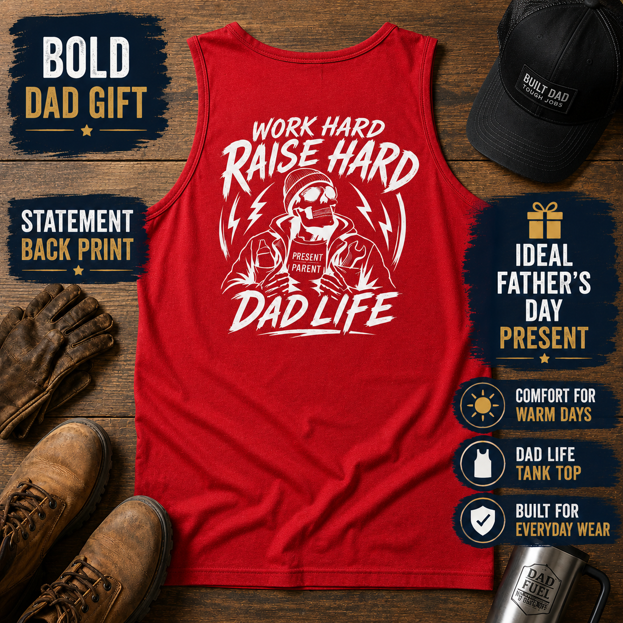 Red sleeveless fatherhood tank top flat lay with a large white “Work Hard Raise Hard Dad Life” graphic print across the back. Overlays say “Bold Dad Gift,” “Statement Back Print,” “Ideal Father’s Day Present,” “Comfort for Warm Days,” “Dad Life Tank Top,” and “Built for Everyday Wear.” A sharp summer shirt for dads, blue collar men, gym days, cookouts, vacations, and everyday casual menswear.