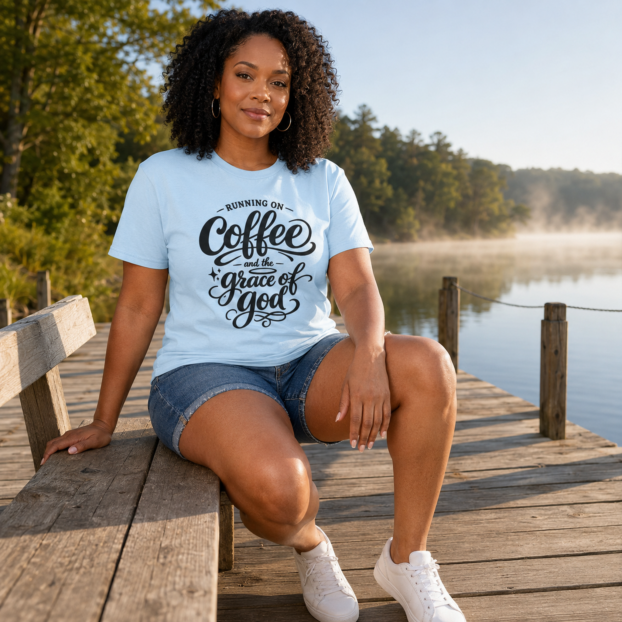 A woman sits on a wooden dock by a calm lake wearing a light blue graphic T-shirt with the phrase 'RUNNING ON Coffee and the grace of God' in black script. Trees and misty water are visible in the background.