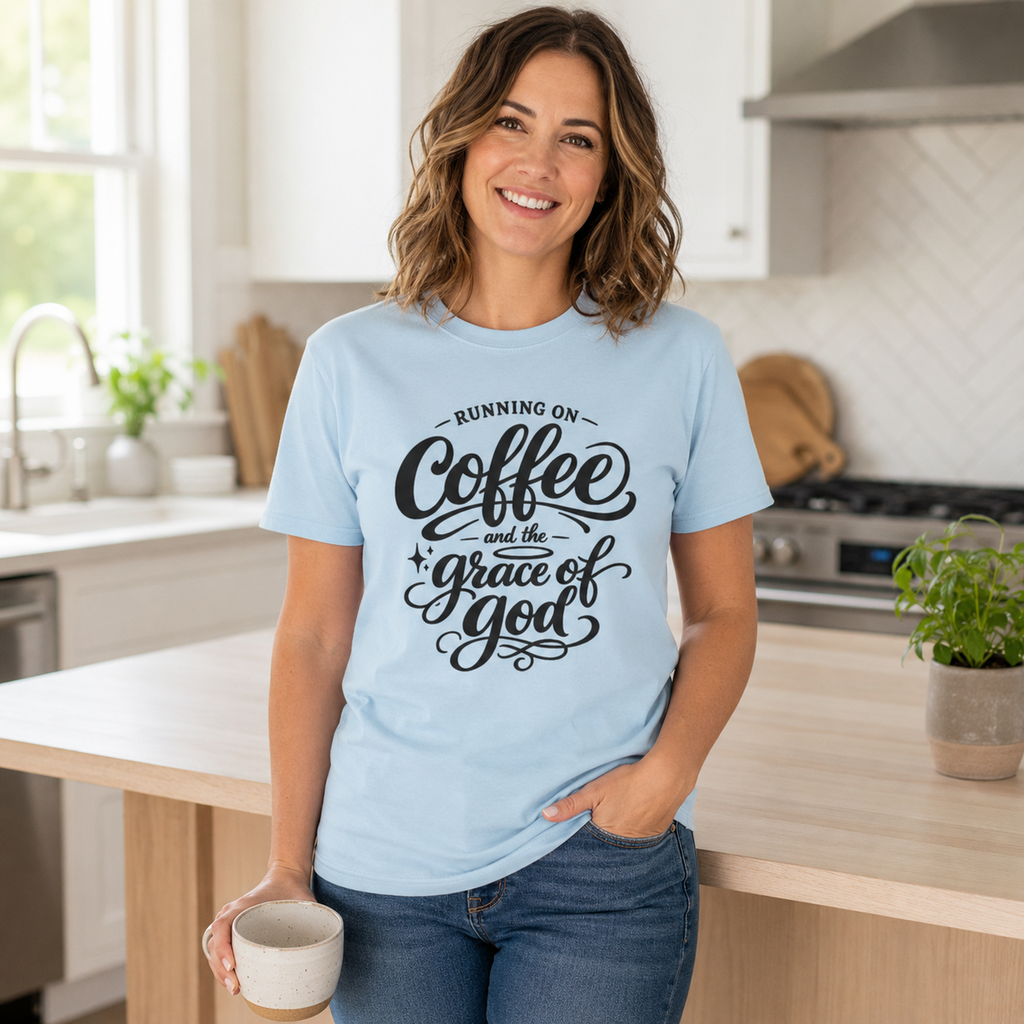 A woman wearing a light blue graphic t-shirt with the text 'Running on Coffee and the Grace of God' in black script, standing in a bright kitchen and holding a ceramic mug.
