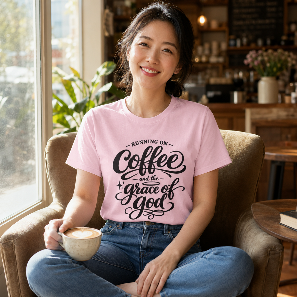 A woman sitting in a cozy cafe chair wearing a light pink graphic t-shirt with the text 'RUNNING ON Coffee and the grace of god' in black script. She is holding a ceramic mug and smiling, with a warm, blurred cafe interior in the background.