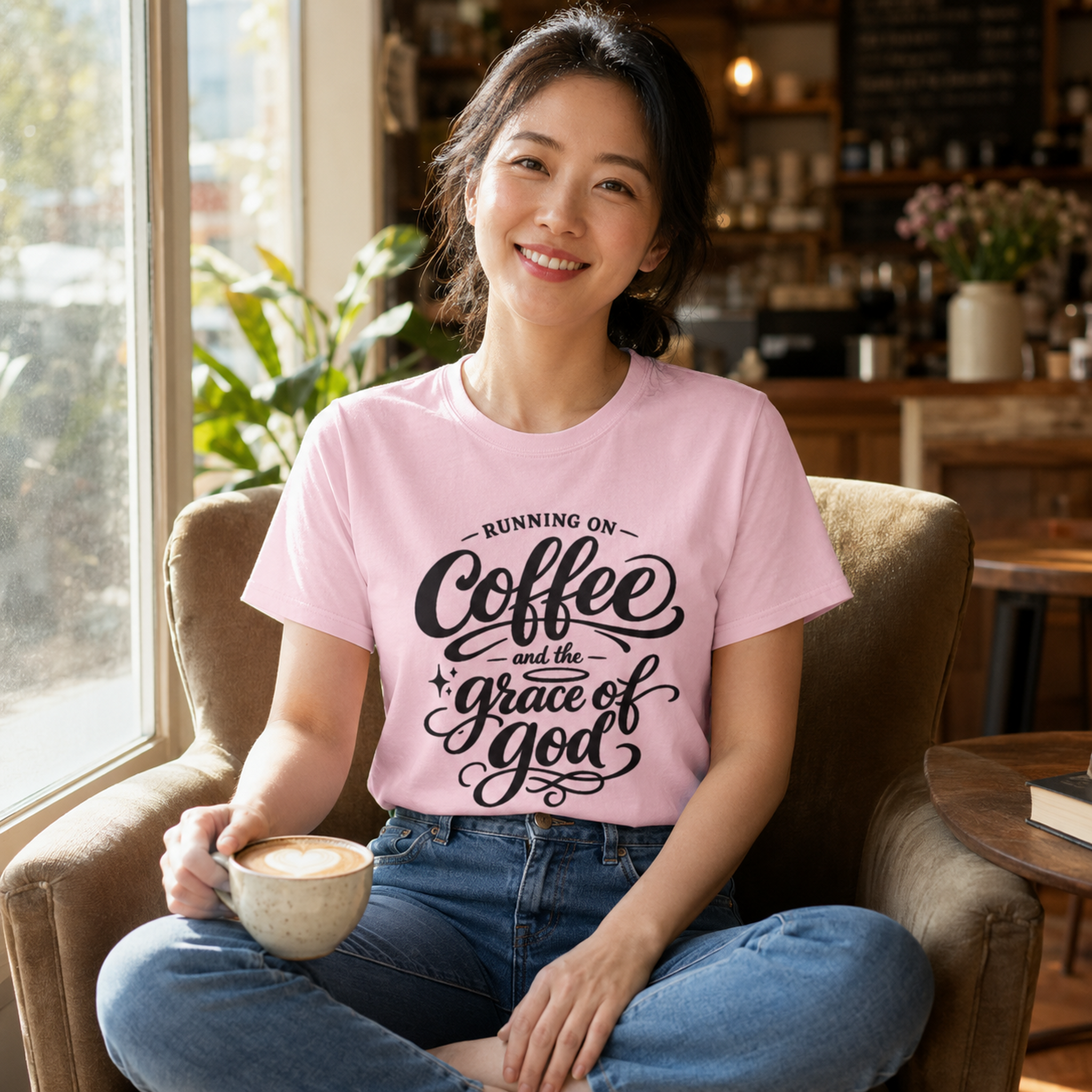 A woman sitting in a cozy cafe chair wearing a light pink graphic t-shirt with the text 'RUNNING ON Coffee and the grace of god' in black script. She is holding a ceramic mug and smiling, with a warm, blurred cafe interior in the background.