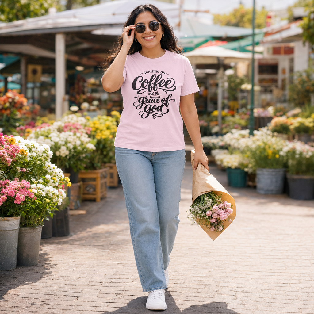 A woman walking outdoors in a flower market wearing a light pink graphic T-shirt with black script text that reads 'LOVING OF Coffee with the Grace of God,' paired with light blue jeans and white sneakers, while holding a bouquet of pink and white flowers.