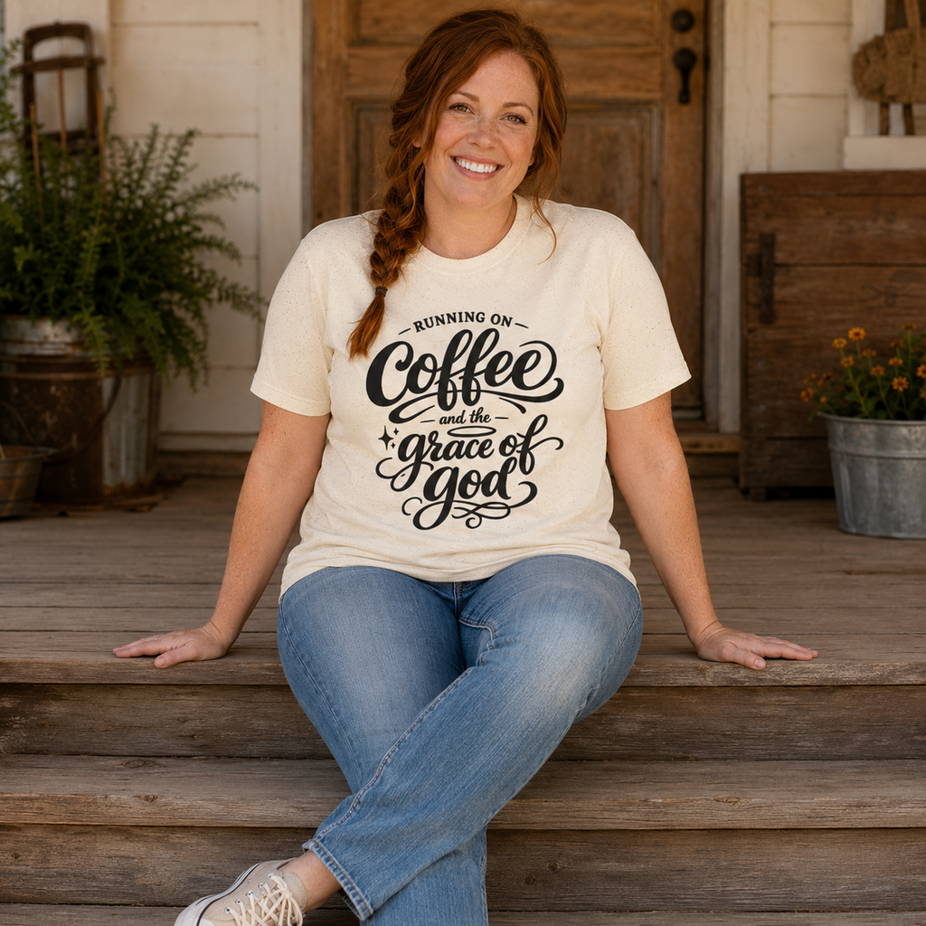 A woman with auburn hair in a braid sits on rustic wooden porch steps wearing a cream-colored graphic t-shirt that reads 'RUNNING ON Coffee and the grace of god' in black script, paired with blue jeans and white sneakers.