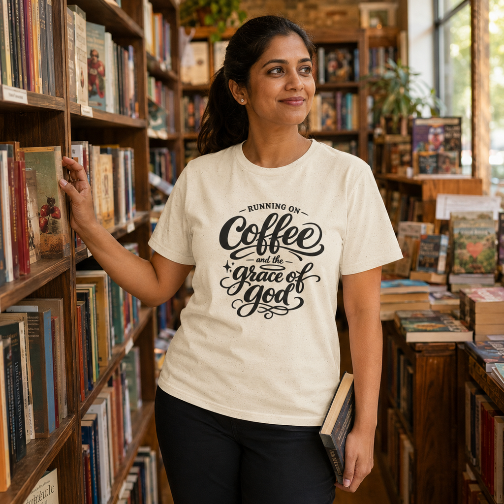 A woman standing in a bookshop aisle wearing a cream-colored graphic t-shirt with black text that reads 'RUNNING ON Coffee and the grace of God'. She is holding a book in one hand and touching the bookshelf with the other, with wooden bookshelves filled with books in the background.