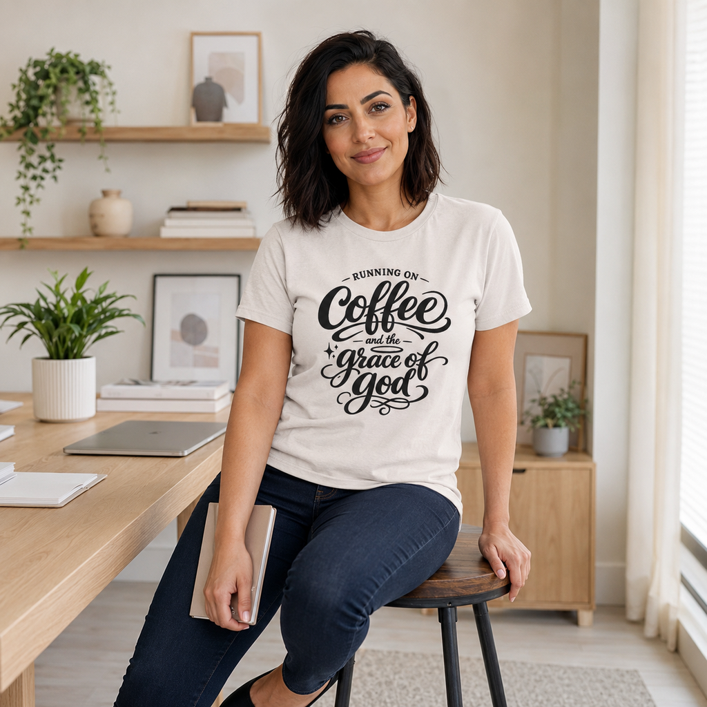 A woman sitting on a stool in a bright, modern home office wearing a white graphic t-shirt with the text 'RUNNING ON Coffee and the grace of God'.