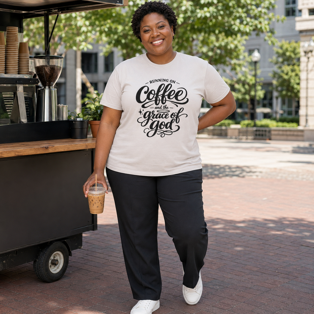 A woman stands outdoors in front of a coffee cart, wearing a cream graphic T-shirt with black script text reading 'Running on Coffee and the grace of God' and dark pants.
