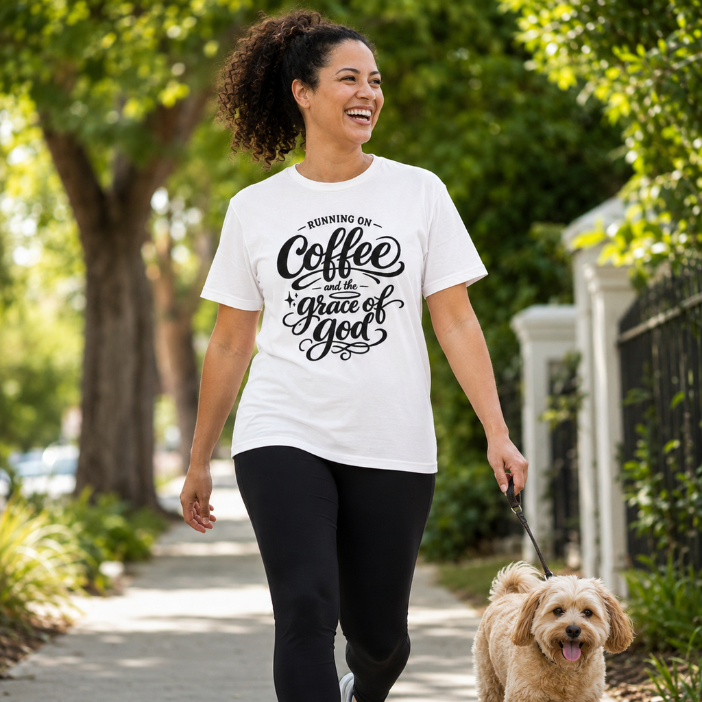 A woman walking a small dog on a sidewalk outdoors, wearing a white graphic T-shirt with black script text that reads 'RUNNING ON Coffee + grace of God' and black leggings.