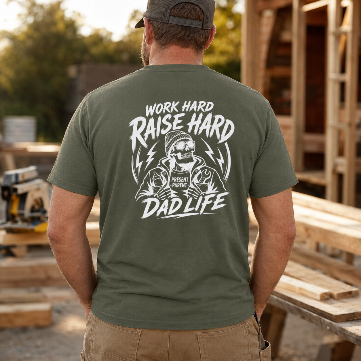 Military-green men’s T-shirt modeled beside residential framing with a high-contrast white “Work Hard Raise Hard Dad Life” skeleton print across the back. Builder dad clothing, carpenter husband gift, green tradesman tee, construction worker fashion, Father’s Day shirt, rugged casual outfit and motivational fatherhood design for men who provide, protect and raise hard.