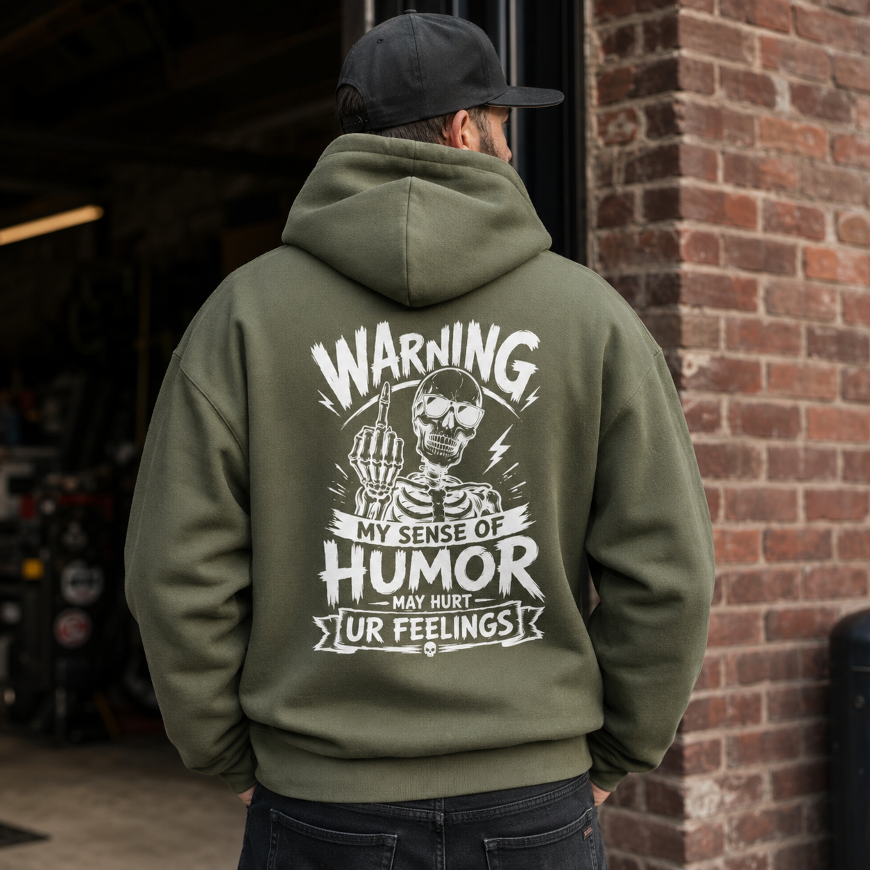 green sarcastic skeleton hoodie with large white back print, Warning My Sense of Humor May Hurt Ur Feelings sweatshirt, funny men’s pullover hoodie, edgy humor apparel, streetwear graphic hoodie, rude joke gift, casual workwear style, birthday or Christmas gift for him.