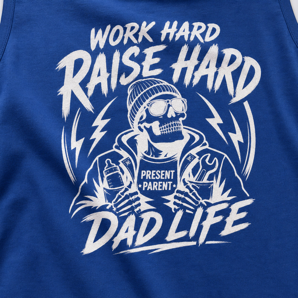 Royal blue men’s tank detail shot with crisp white Dad Life artwork, a standout sleeveless shirt for fathers who enjoy bold graphic apparel, gym tanks, warm weather clothing, birthday gifts, new dad presents, and work hard raise hard designs.