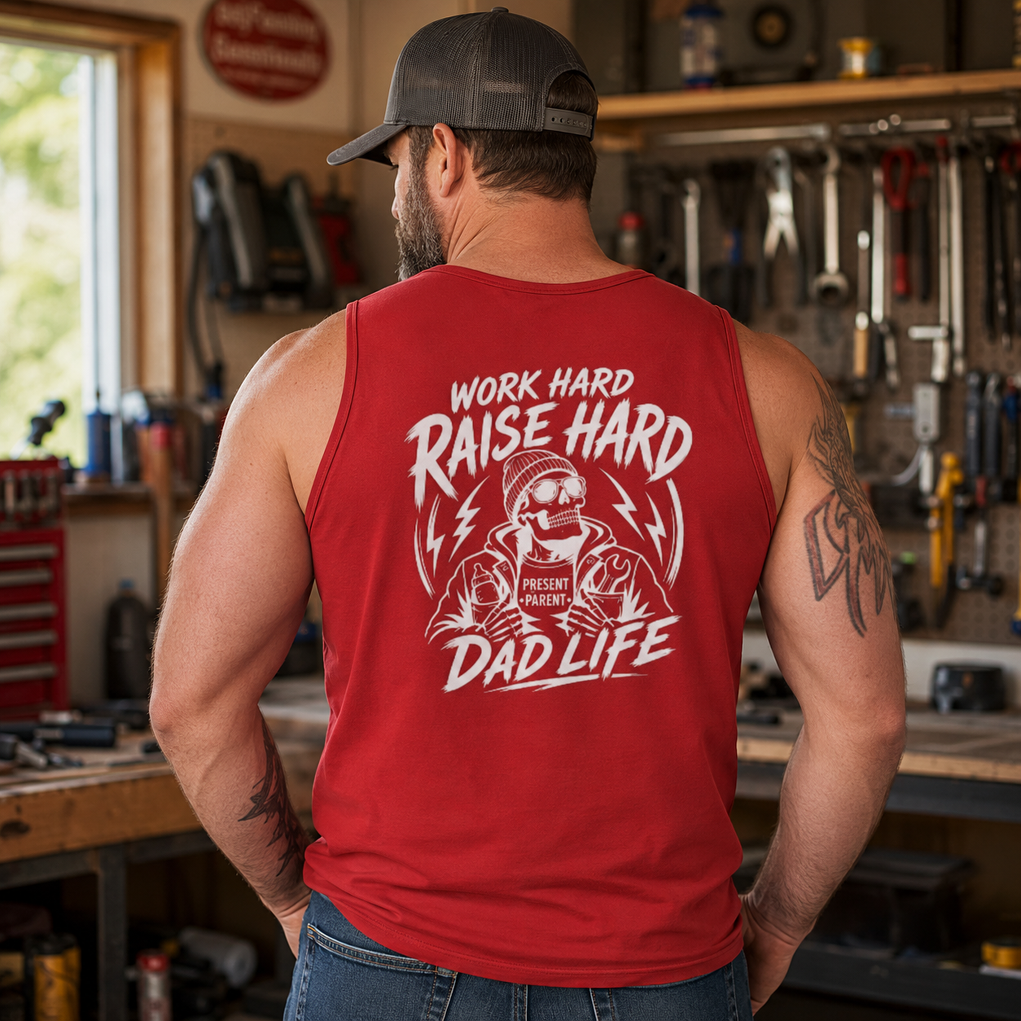 Garage lifestyle photo of a man wearing a red back print tank top, styled for hardworking dads, mechanics, blue collar husbands, father figures, weekend warriors, shop clothing, warm weather work outfits, and bold dad life apparel.