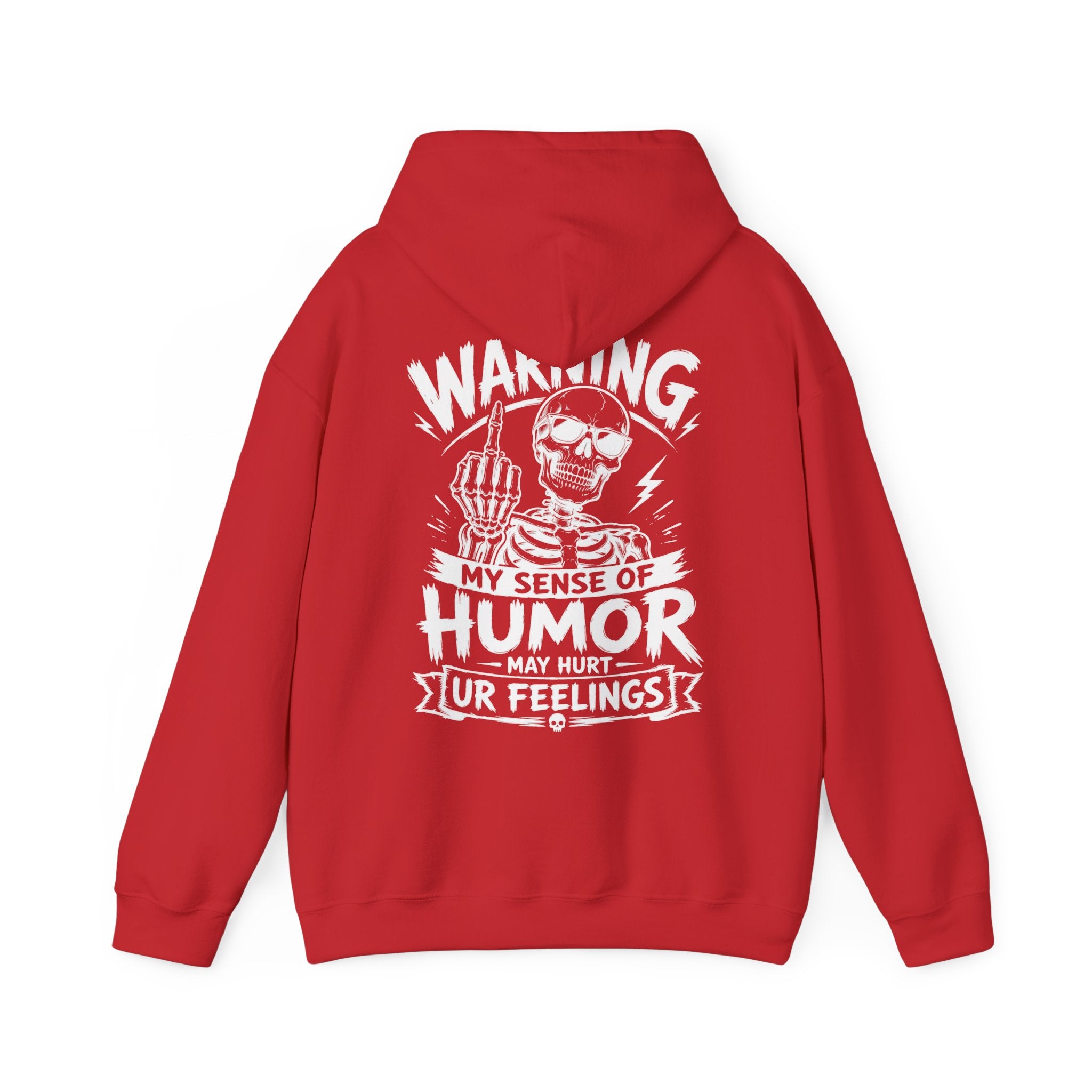Red funny graphic hoodie with white skeleton warning design on the back, My Sense of Humor May Hurt Ur Feelings sweatshirt, sarcastic men’s pullover hoodie, edgy joke apparel, bold streetwear, humor quote hoodie, gag gift for him, birthday gift, Christmas gift, casual hoodie.