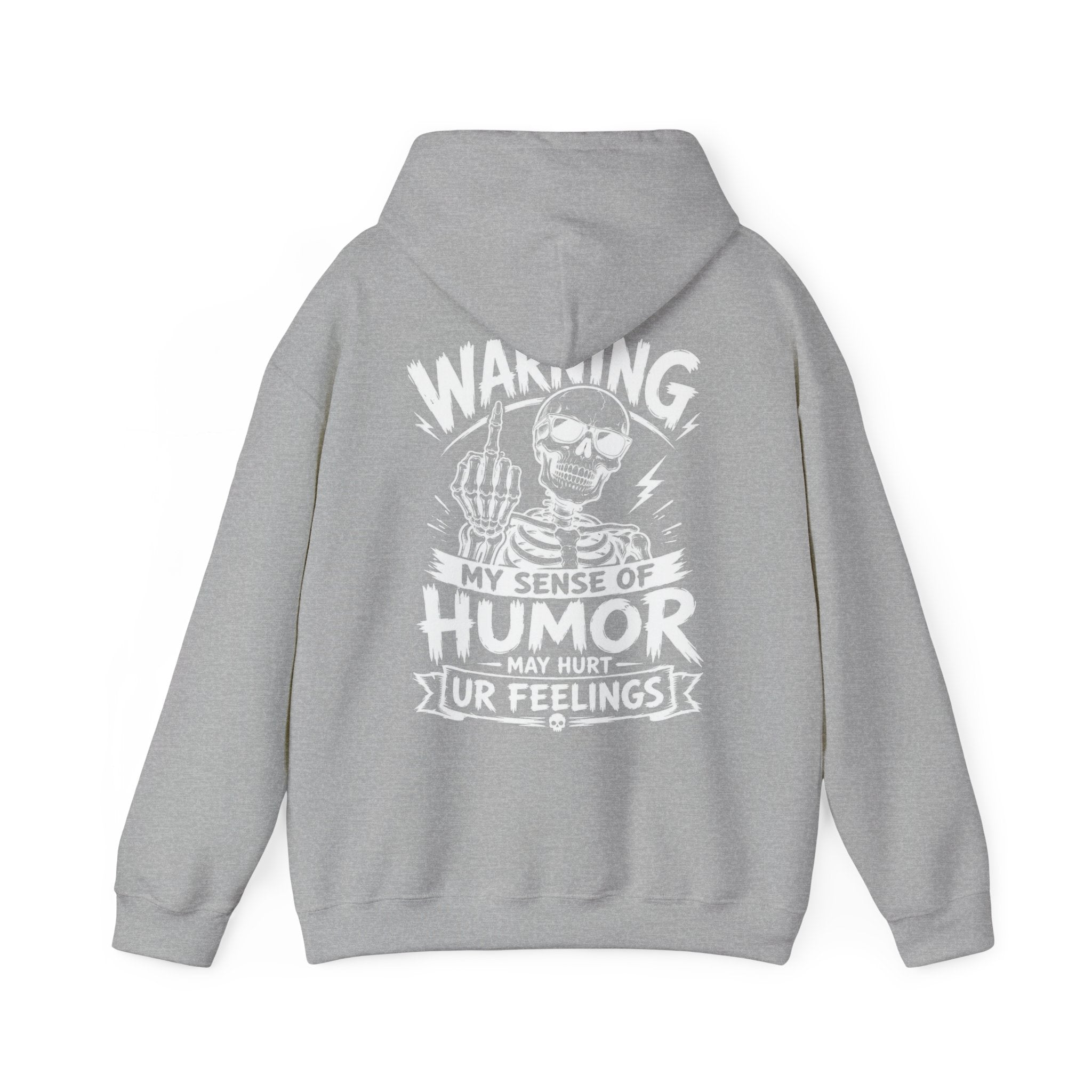 Sport gray skeleton humor hoodie with white back print, Warning My Sense of Humor May Hurt Ur Feelings pullover sweatshirt, funny sarcastic men’s hoodie, edgy joke streetwear, rude humor apparel, casual graphic hoodie, back print sweatshirt gift for dad, husband, boyfriend, or friend.