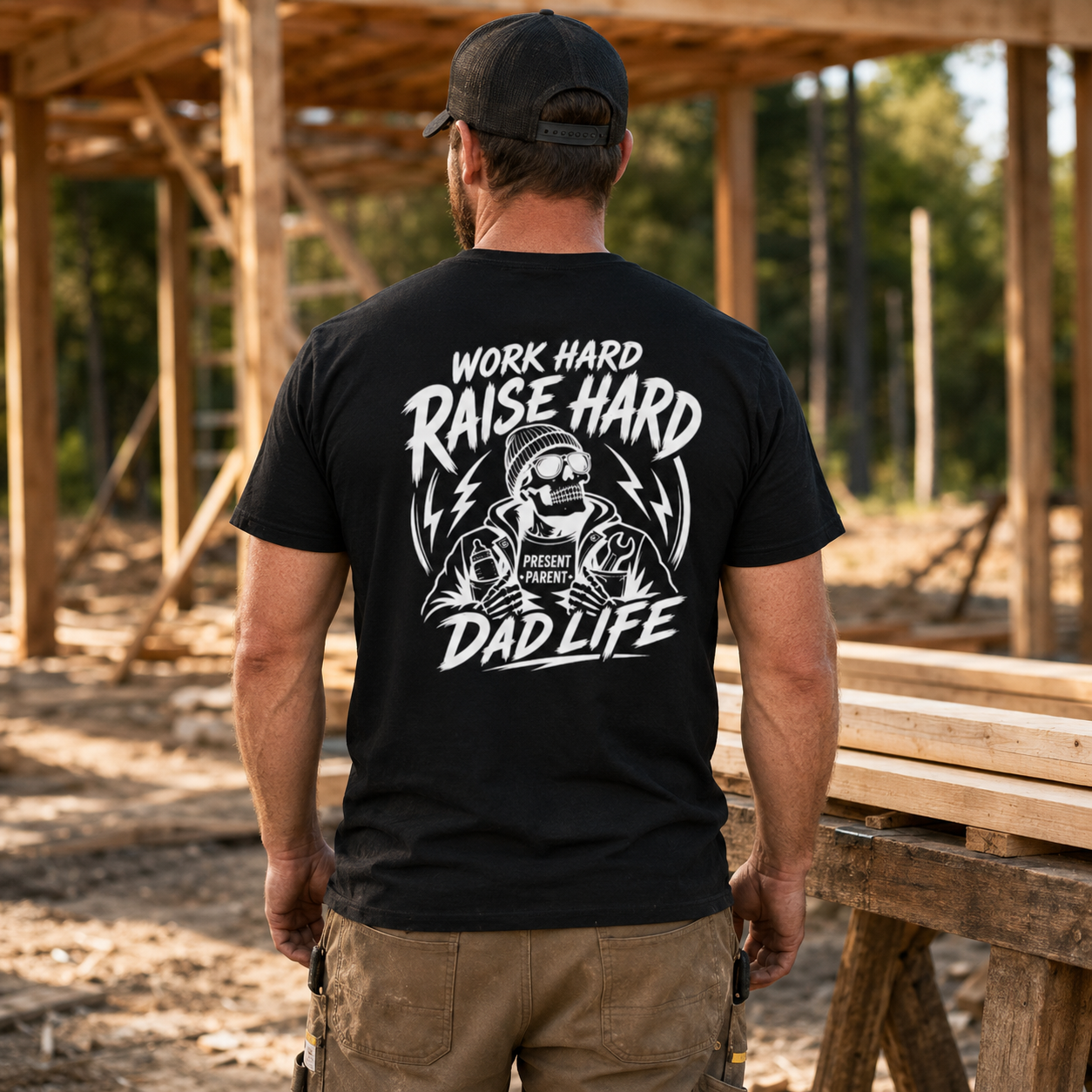 Black dad life T-shirt shown from behind at an outdoor building site, finished with a large white skeleton illustration and “Work Hard Raise Hard Dad Life” lettering. Jobsite clothing for men, contractor graphic tee, handyman father gift, tough workwear style, new dad present, casual crewneck shirt and relatable apparel for dads building a family legacy.