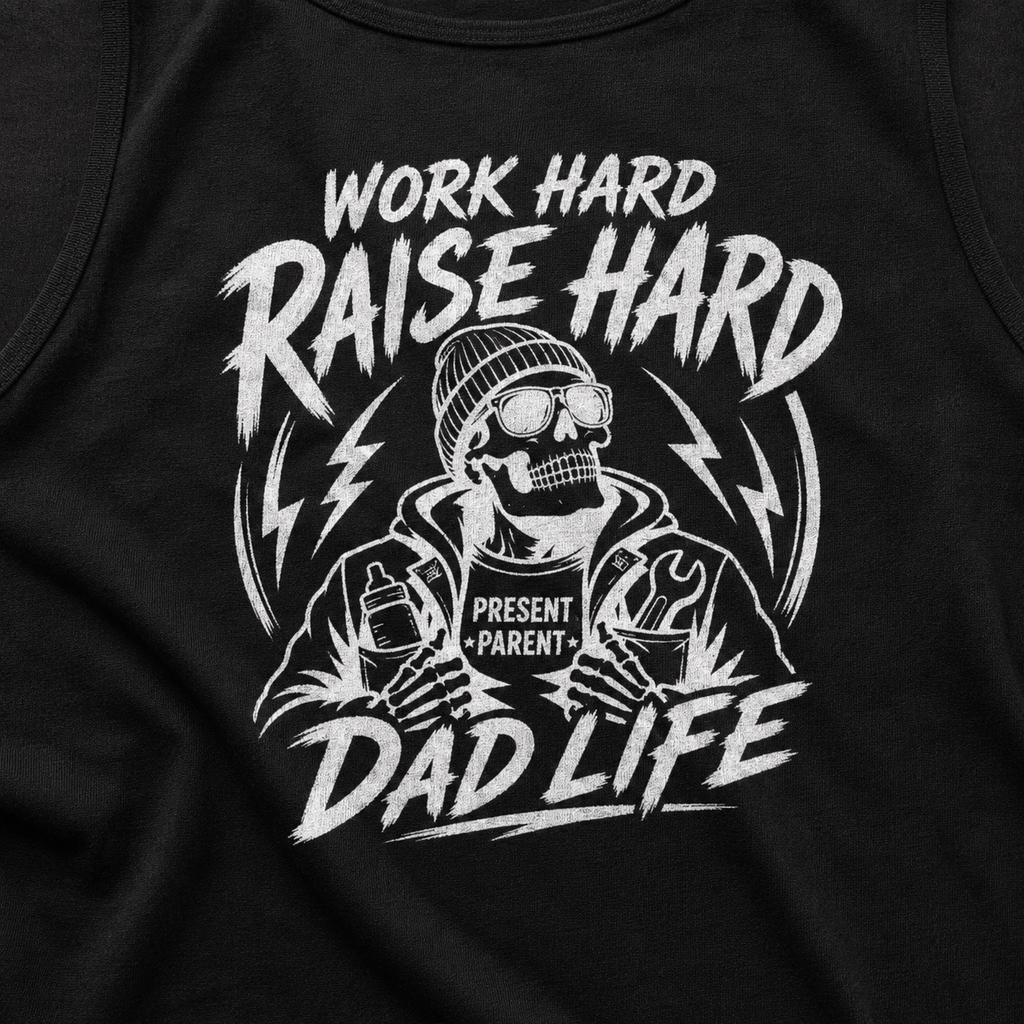 Black men’s sleeveless tank top close-up with white “Work Hard Raise Hard Dad Life” skull artwork, a bold fatherhood graphic shirt for dads who like rugged apparel, summer muscle tanks, casual weekend outfits, gym wear, and blue collar style.