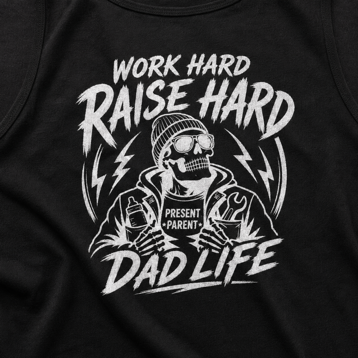 Black men’s sleeveless tank top close-up with white “Work Hard Raise Hard Dad Life” skull artwork, a bold fatherhood graphic shirt for dads who like rugged apparel, summer muscle tanks, casual weekend outfits, gym wear, and blue collar style.