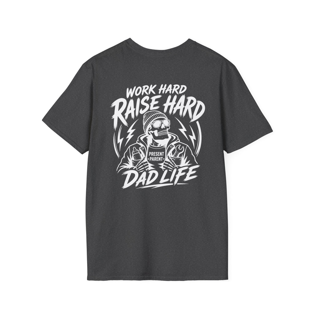 Dark-charcoal men’s T-shirt displayed as a clean product mockup with white skeleton artwork and powerful “Work Hard Raise Hard Dad Life” wording across the back. Welder dad gift, mechanic father shirt, industrial workwear look, gray graphic top, tough guy apparel, bonus dad present and comfortable everyday clothing for men who work with their hands and lead at home.