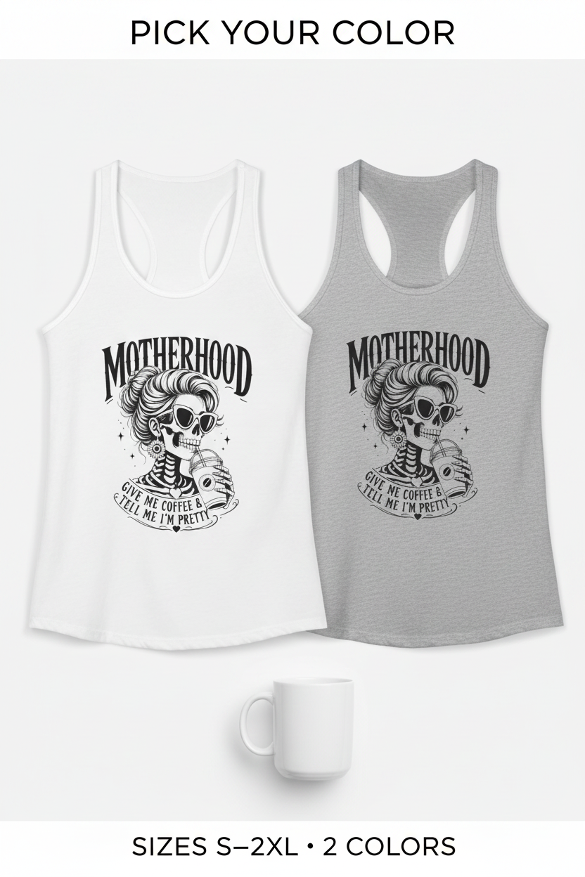 Color selection image showing Coffee Mom skeleton racerback tank tops in solid white and heather grey, women’s coffee lover tank available in sizes S–2XL.