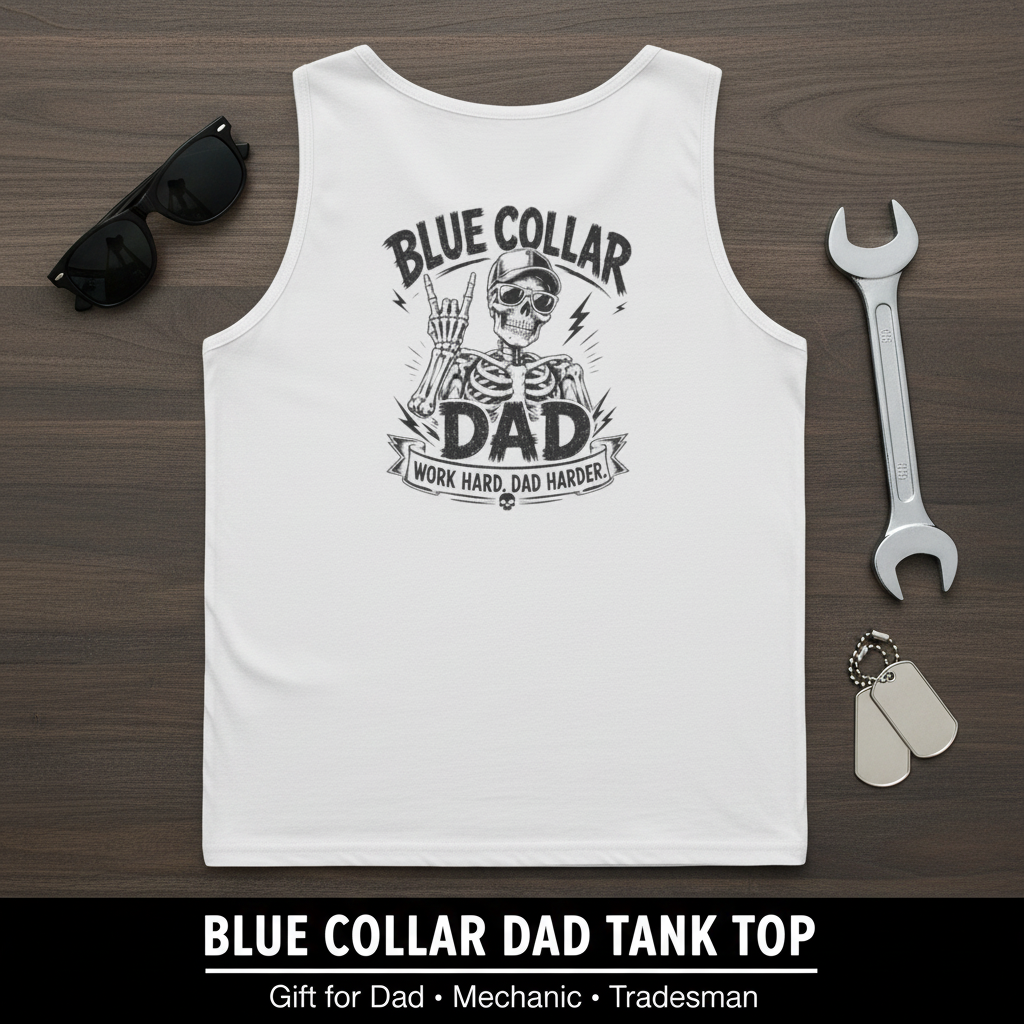 White tank top with 'Blue Collar Dad' graphic on a wooden surface with sunglasses, wrench, and dog tag.