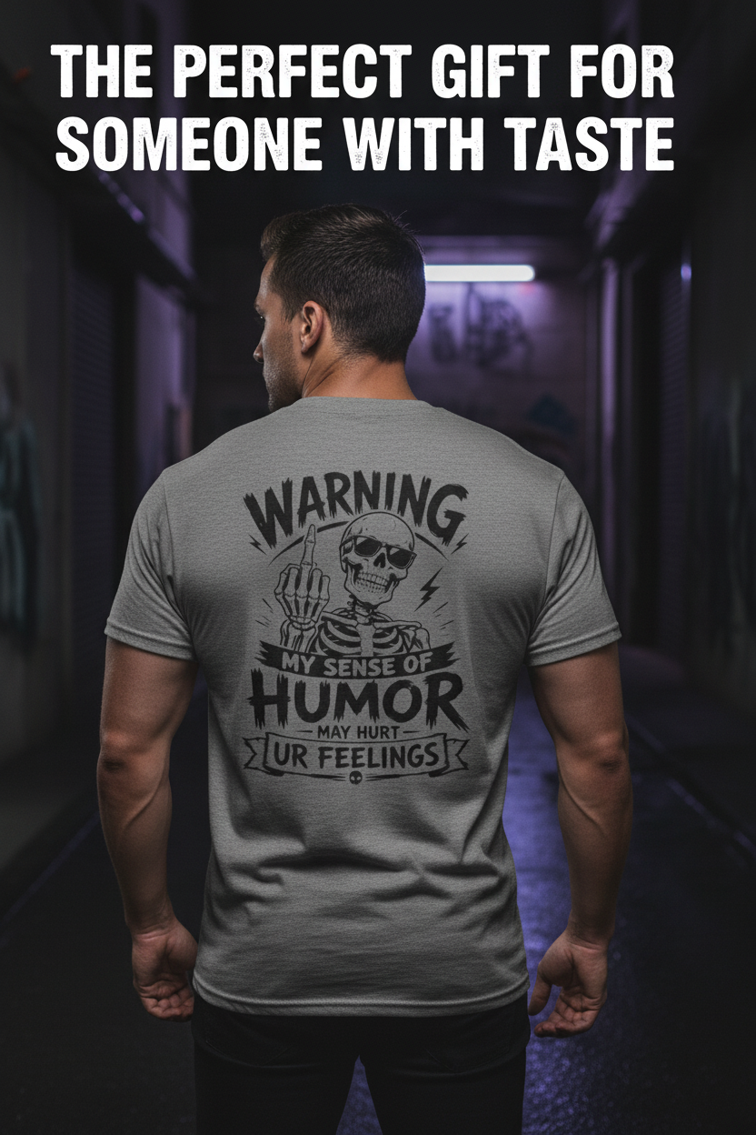 Gravel Heathered gravel sarcastic humor shirt for men with large black back print graphic, skeleton middle finger design, distressed “Warning My Sense of Humor” text, soft casual tee mockup with gift for him SEO text overlay.