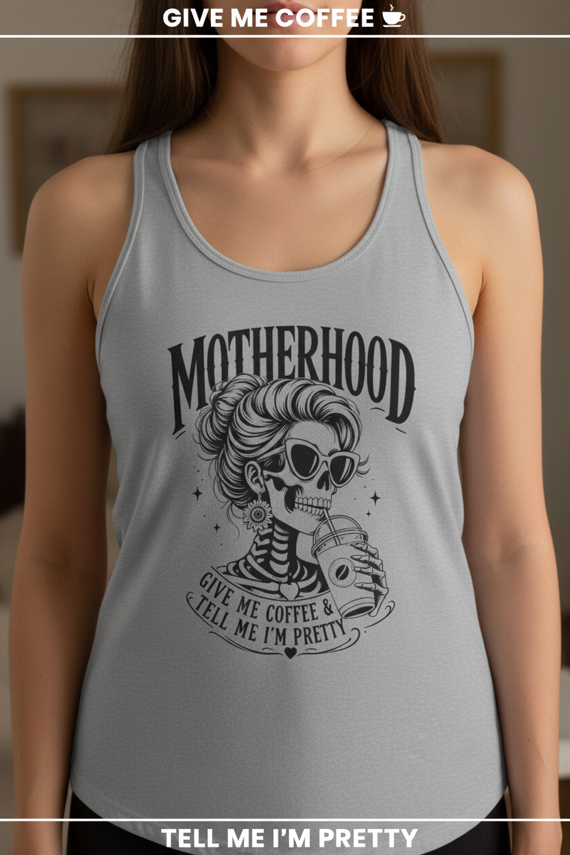 Close-up view of heather grey Coffee Mom racerback tank top showing skeleton coffee graphic detail, funny women’s mom life shirt for coffee lovers.