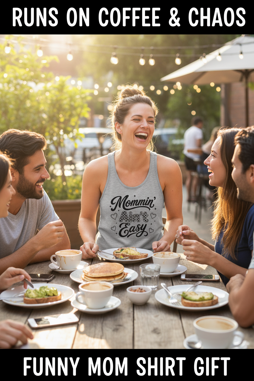 Heather grey Mommin’ Ain’t Easy racerback tank top with black coffee mom graphic, casual women’s mom life shirt for coffee lovers and everyday wear.