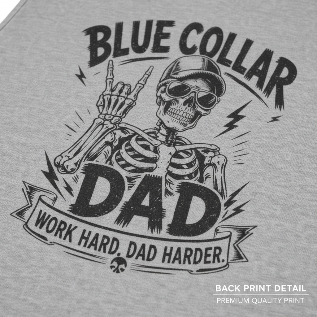 Blue Collar Dad sport grey tank top close-up back print detail — skeleton rocker graphic — Premium Quality Print, dad gift back print
