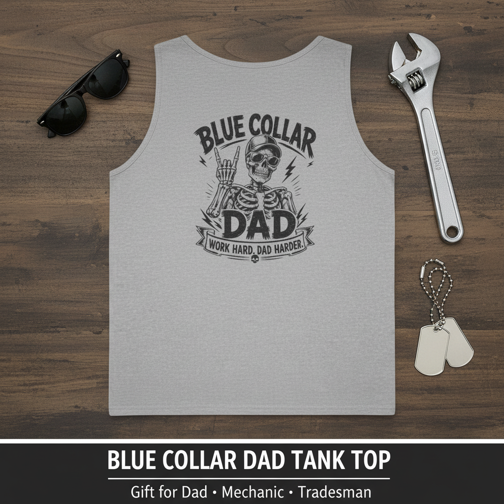 Blue Collar Dad sport grey tank top flatlay on dark wood — BLUE COLLAR DAD TANK TOP — Gift for Dad, Mechanic, Tradesman back print