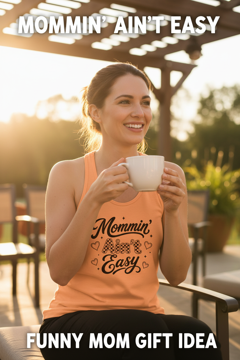 Light orange Mommin’ Ain’t Easy racerback tank top with black coffee mom graphic, cute women’s tank top for moms who love coffee and casual everyday outfits.