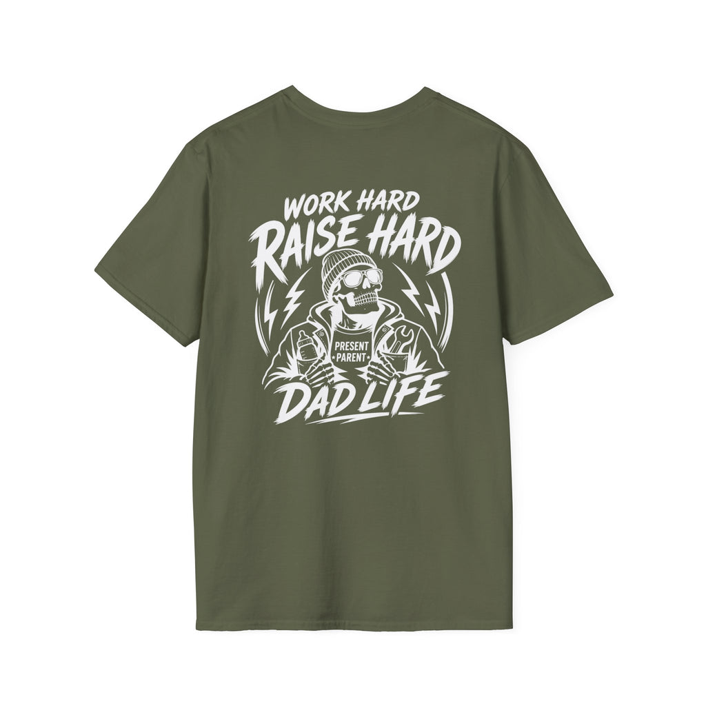 Military-green men’s crewneck tee presented on a plain white backdrop with the detailed white skeleton, lightning and “Work Hard Raise Hard Dad Life” back graphic. Olive dad T-shirt, outdoorsman father gift, hardworking papa clothing, casual weekend menswear, laborer-inspired top, unique husband present and statement apparel for providers raising the next generation.
