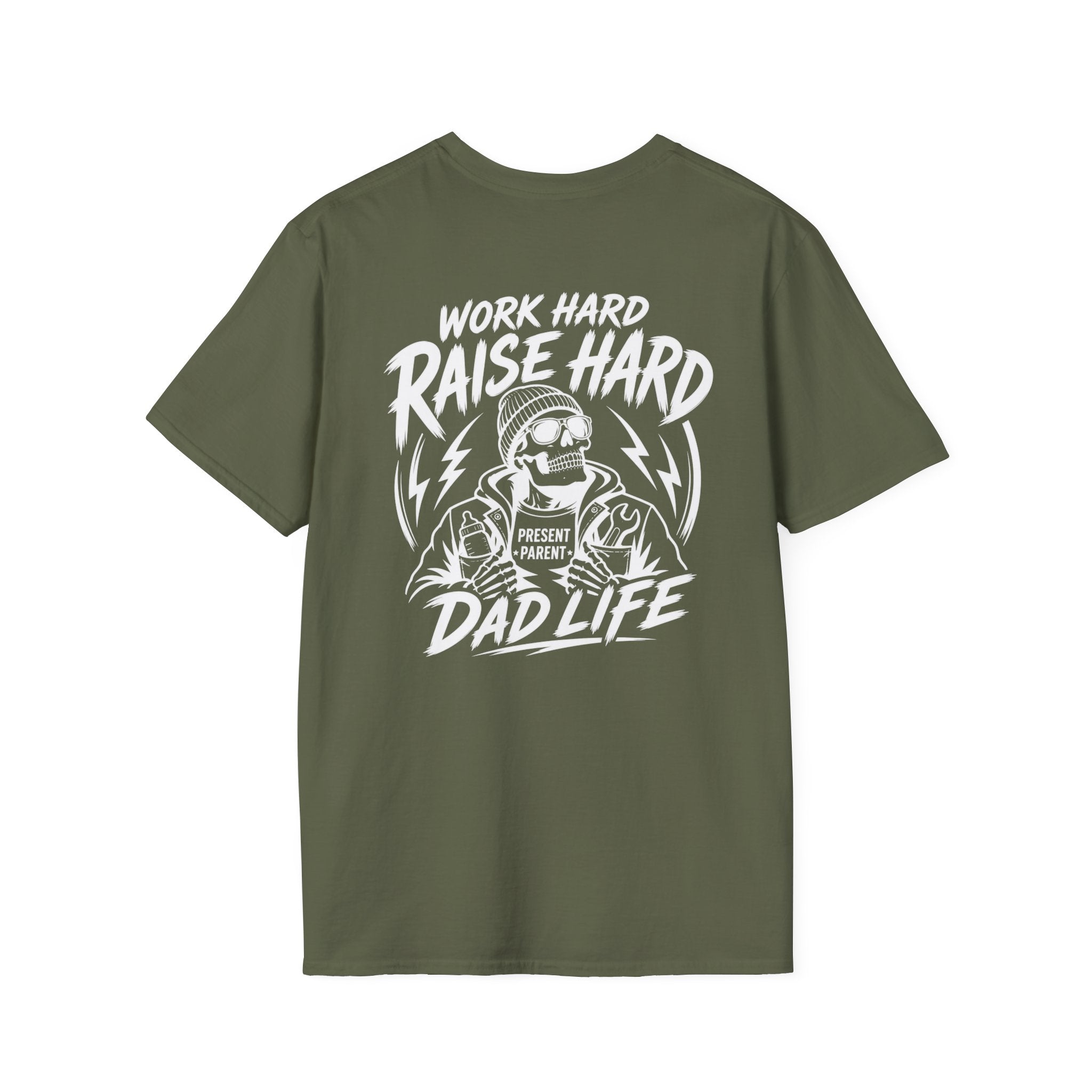 Military-green men’s crewneck tee presented on a plain white backdrop with the detailed white skeleton, lightning and “Work Hard Raise Hard Dad Life” back graphic. Olive dad T-shirt, outdoorsman father gift, hardworking papa clothing, casual weekend menswear, laborer-inspired top, unique husband present and statement apparel for providers raising the next generation.