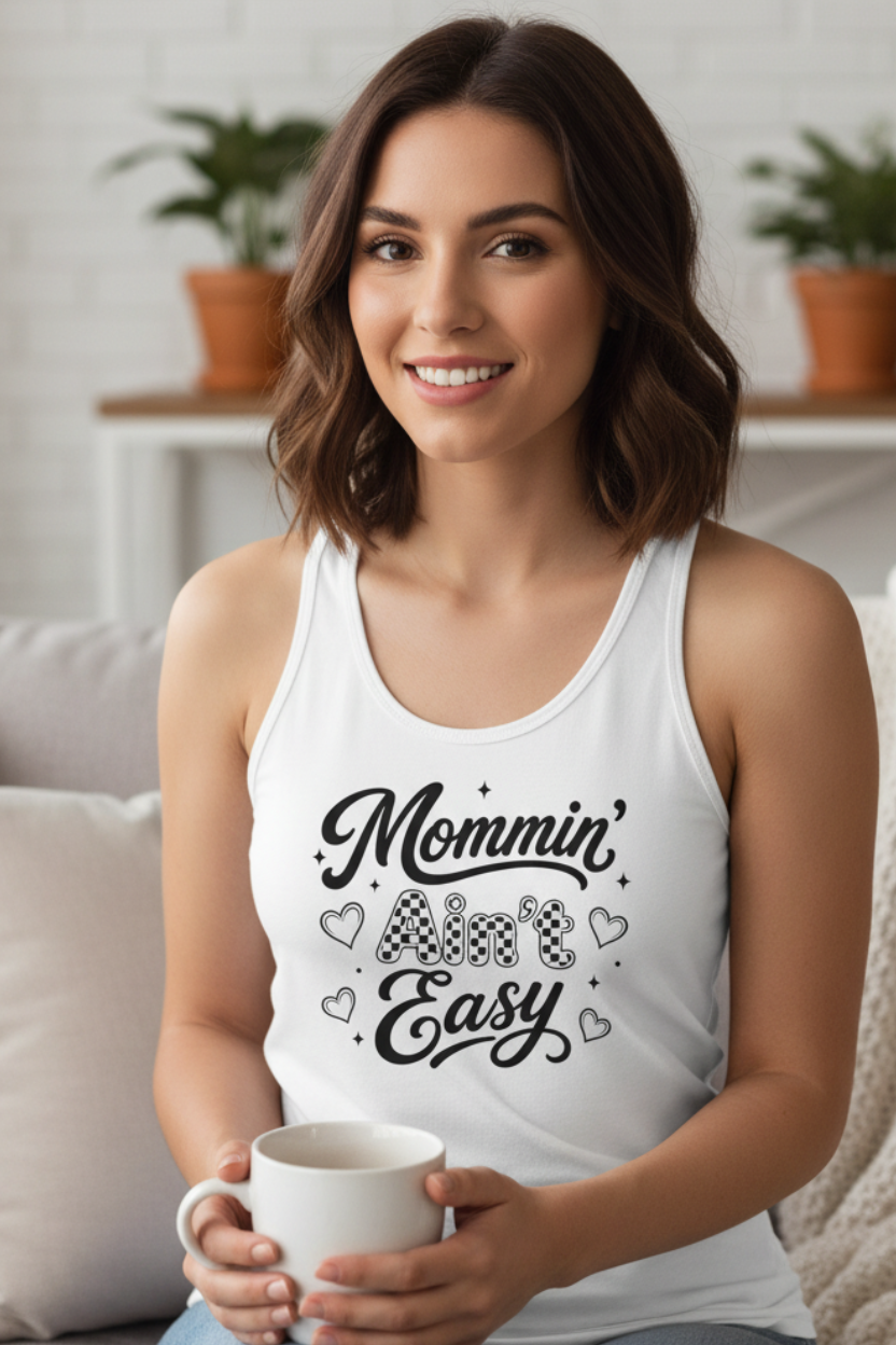 Woman wearing a white Mommin’ Ain’t Easy coffee mom racerback tank top while holding a coffee mug, casual Mother’s Day gift shirt for busy moms and coffee lovers.