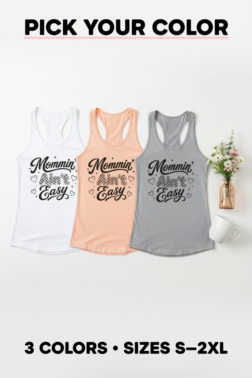 Color selection image showing Mommin’ Ain’t Easy racerback tank tops in white, light orange, and heather grey, women’s coffee mom tank available in sizes S–2XL.
