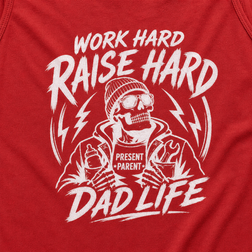 A close-up of a red tank top featuring a white graphic print of a skeleton dad wearing a beanie and goggles, with the text 'WORK HARD RAISE HARD DAD LIFE' and 'PRESENT PARENT'. Mens casual back print graphic summer tank top
