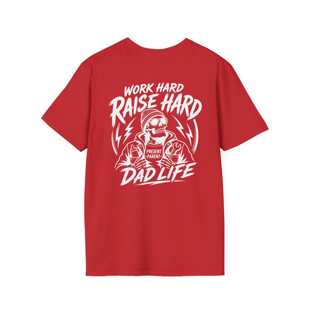 Red men’s back-design T-shirt featured on a simple white background with a striking white skeleton, electric bolt details and “Work Hard Raise Hard Dad Life” lettering. Christmas gift for dad, red graphic shirt, hardworking father merchandise, crewneck menswear, unique gift from kids, proud papa outfit and attention-grabbing apparel for construction and trade workers.