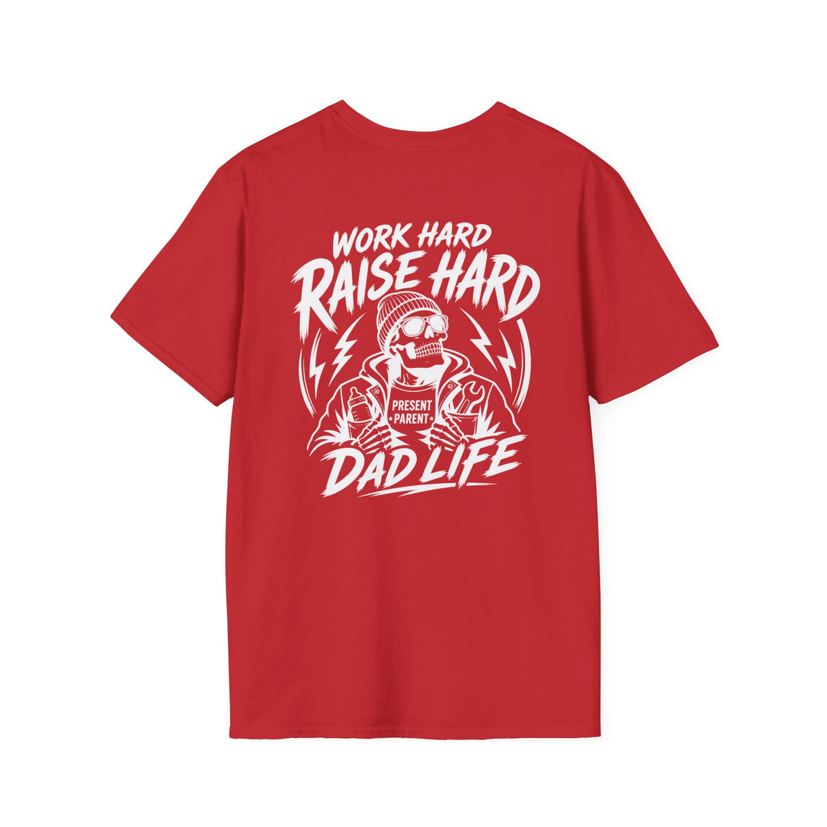 Red men’s back-design T-shirt featured on a simple white background with a striking white skeleton, electric bolt details and “Work Hard Raise Hard Dad Life” lettering. Christmas gift for dad, red graphic shirt, hardworking father merchandise, crewneck menswear, unique gift from kids, proud papa outfit and attention-grabbing apparel for construction and trade workers.