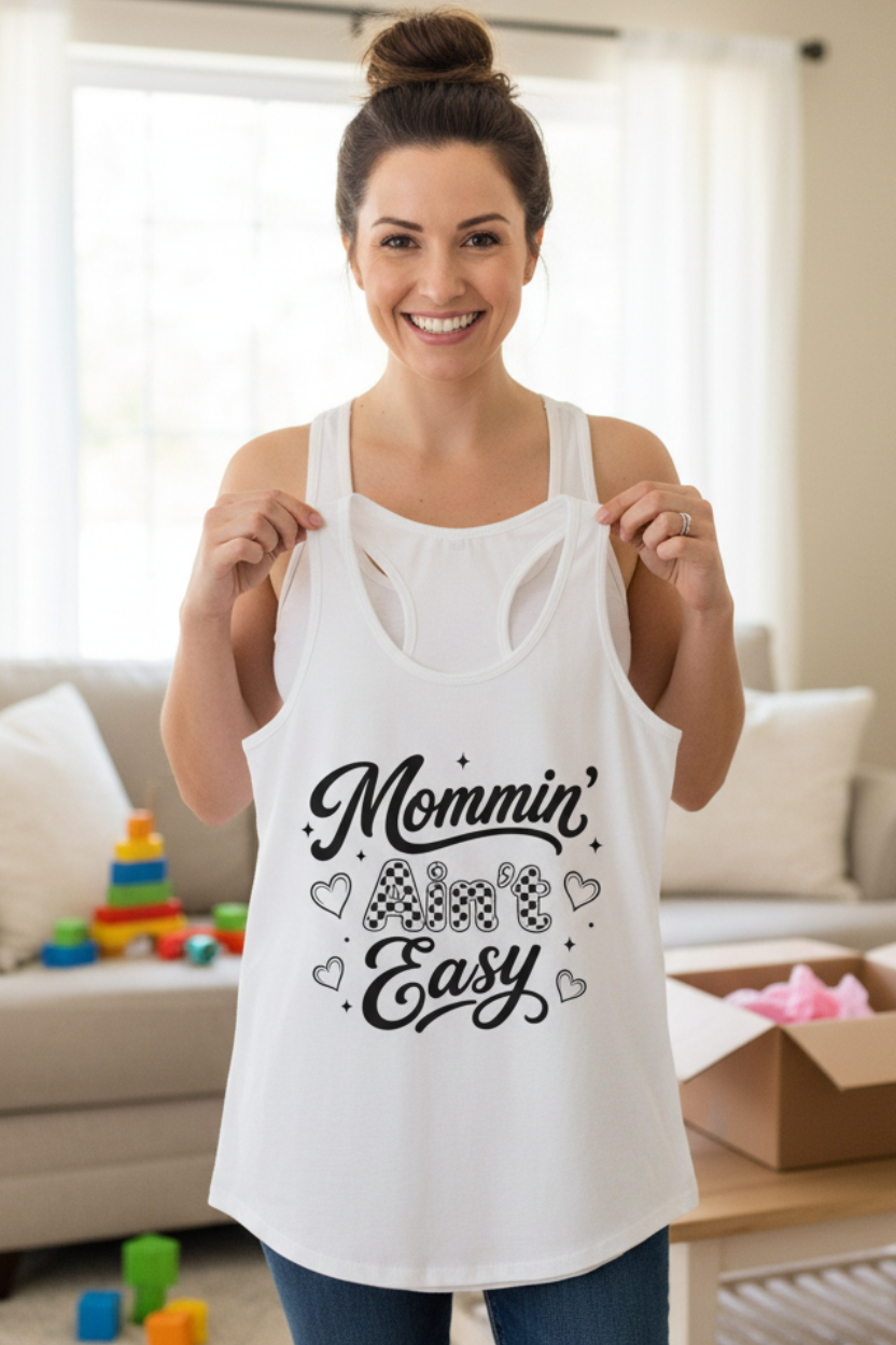 Thank you order image featuring a smiling woman holding a white Mommin’ Ain’t Easy tank top, small shop appreciation card for coffee mom apparel buyers.