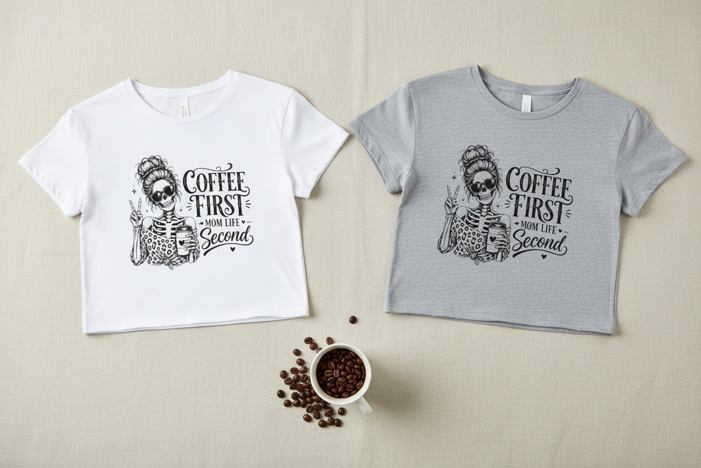 Flat lay of white and heather gray Coffee First Mom Life Second graphic crop tops featuring skeleton coffee artwork. Women's coffee shirts available in multiple colors, trendy casual tops, minimalist graphic apparel, mom gift idea, boutique fashion, soft cropped t-shirts, everyday lifestyle clothing.