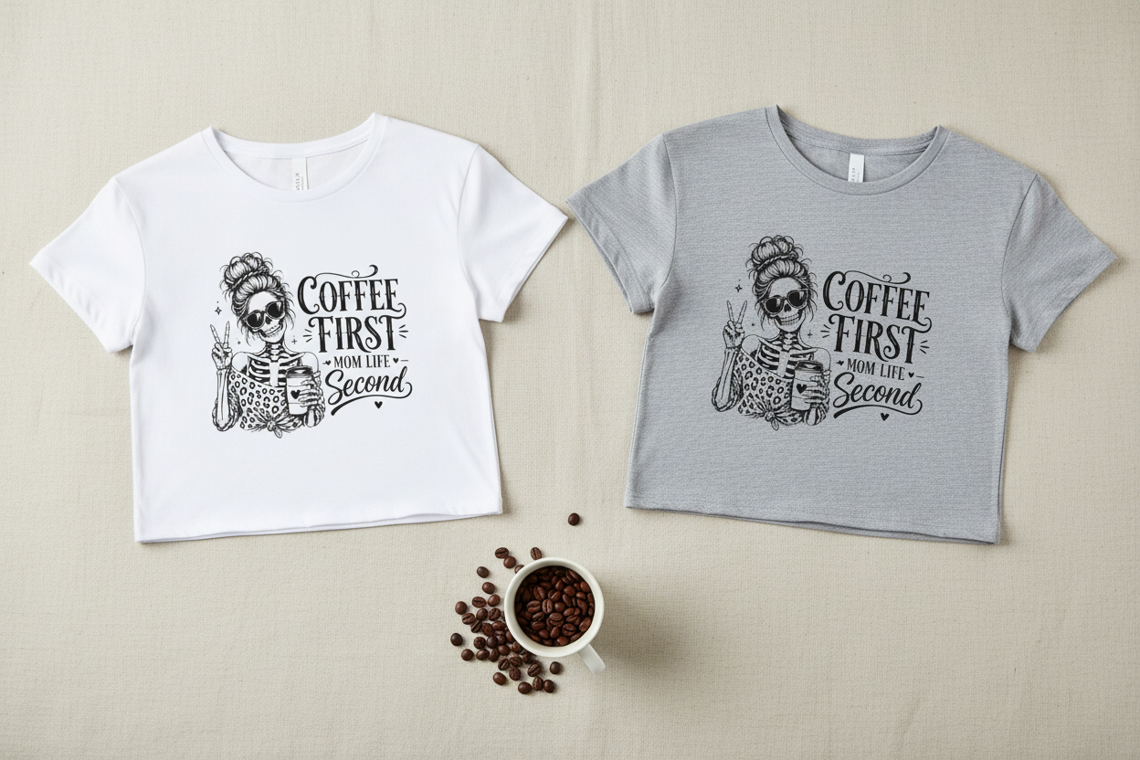 Flat lay of white and heather gray Coffee First Mom Life Second graphic crop tops featuring skeleton coffee artwork. Women's coffee shirts available in multiple colors, trendy casual tops, minimalist graphic apparel, mom gift idea, boutique fashion, soft cropped t-shirts, everyday lifestyle clothing.