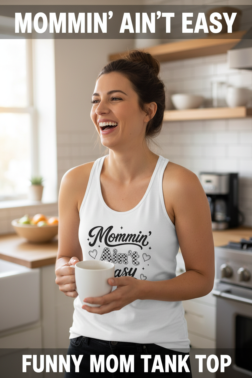 White Mommin’ Ain’t Easy racerback tank top with black coffee mom design, women’s casual tank for Mother’s Day gifts, mom life outfits, and coffee lovers.